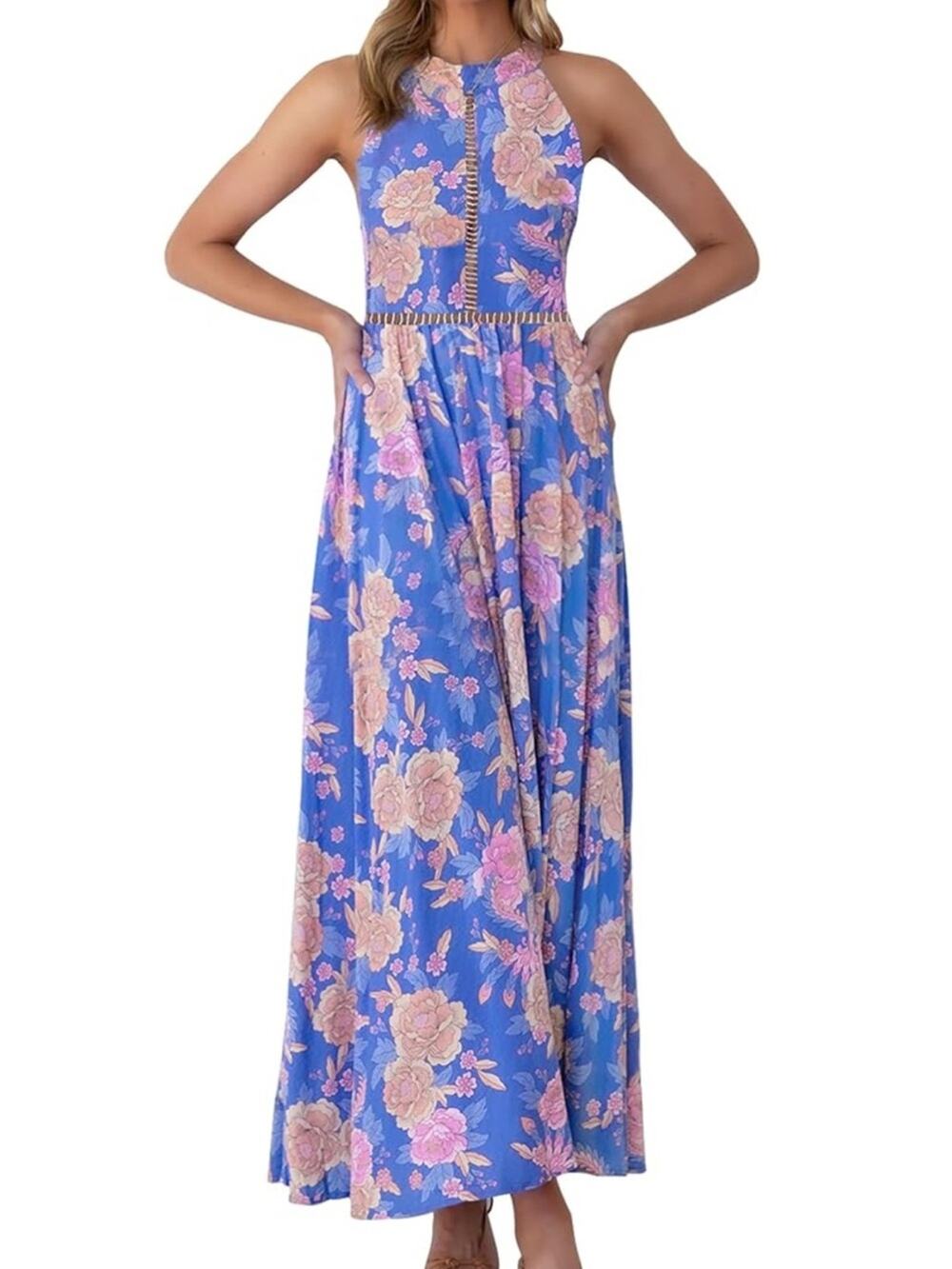 ZESICA Floral Open Back Maxi Dress | Size Large